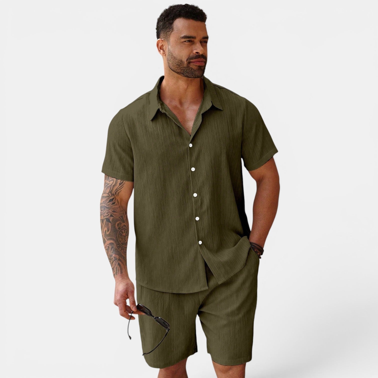 Men's two-piece summer set in olive green