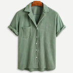 Men's waffle knit button-down shirt in sage, front view