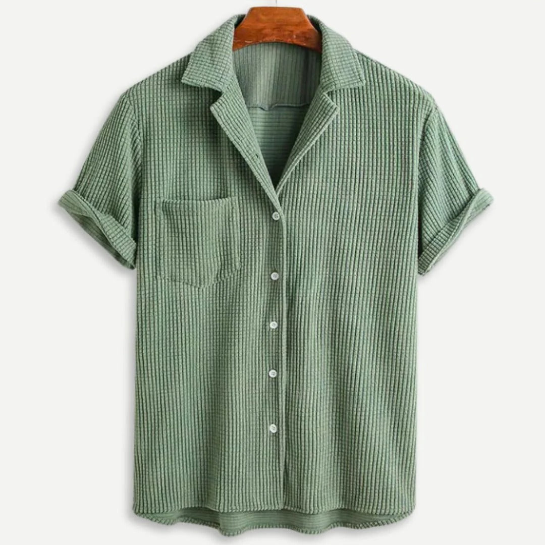Men's waffle knit button-down shirt in sage, front view