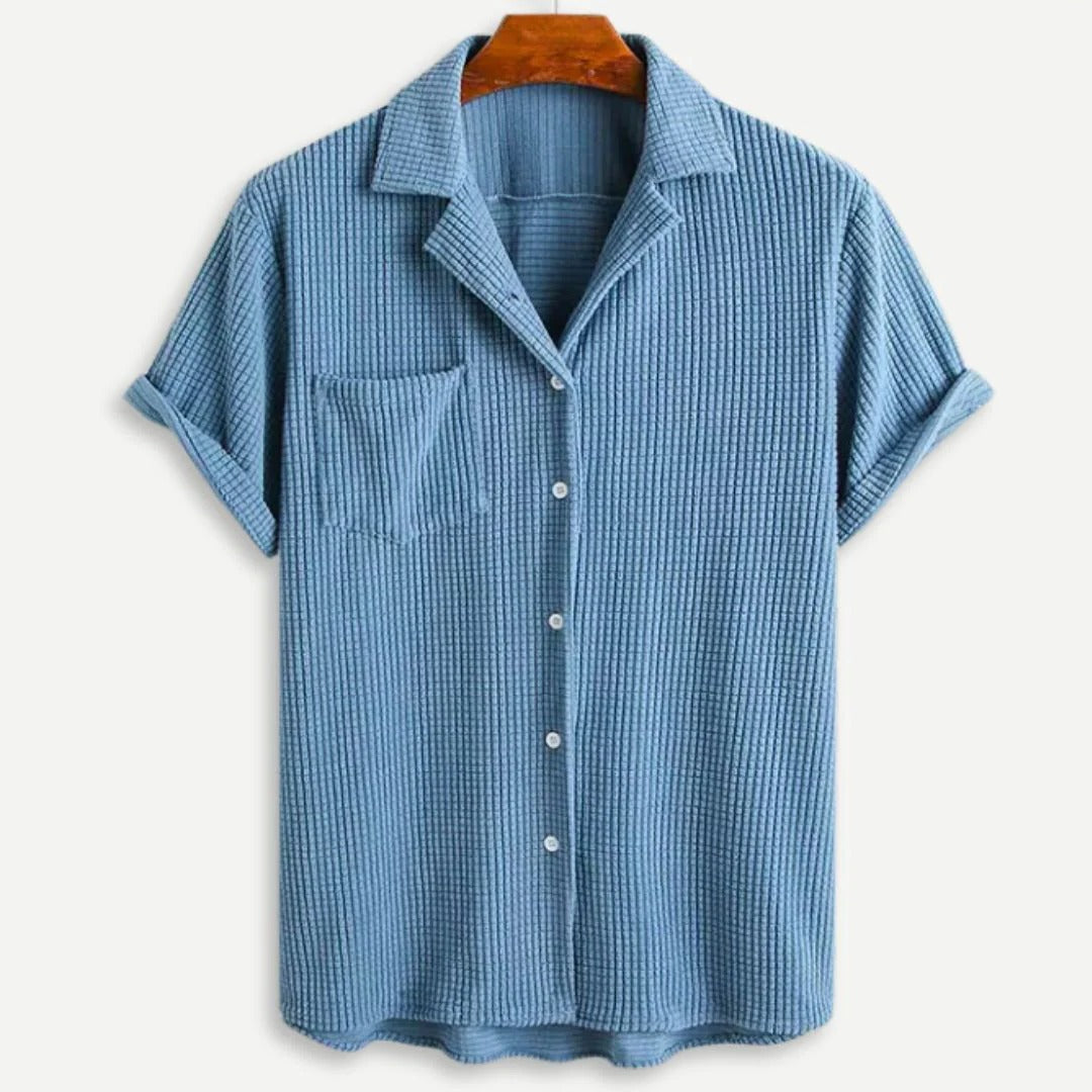 Men's waffle knit button-down shirt in light blue, front view