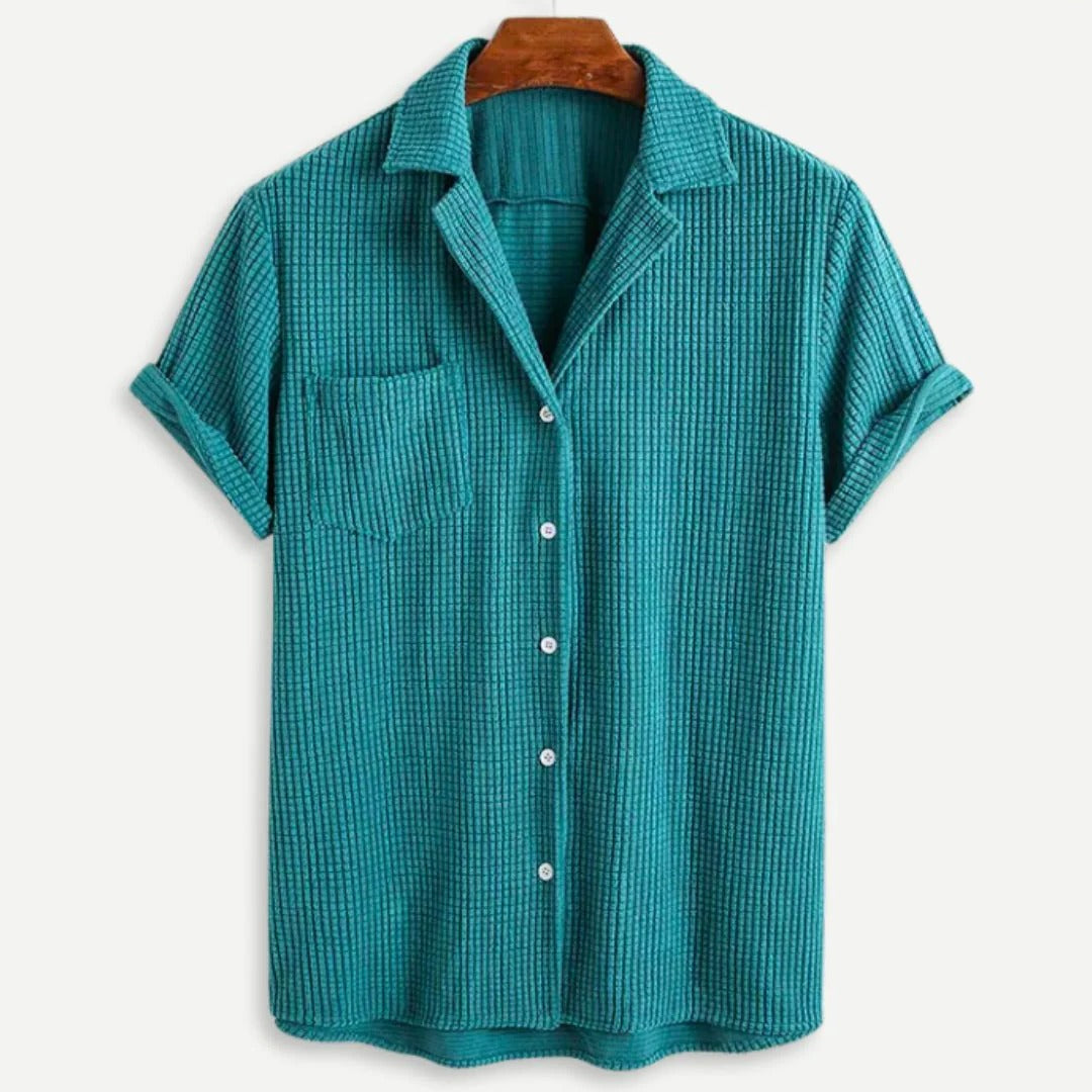 Men's waffle knit button-down shirt in teal, front view