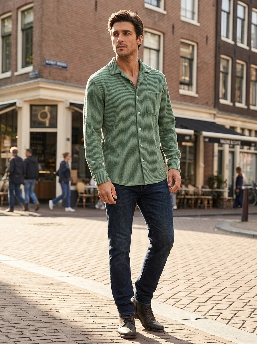 Man wearing a textured waffle knit long sleeve button-down shirt on a sunlit city street