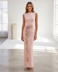 Mermaid formal gown with boat neck and floral detail