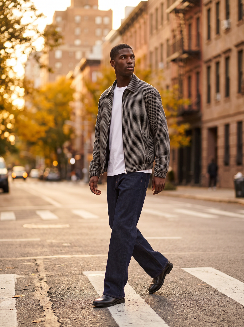 Model wearing micro plaid harrington jacket on a city street