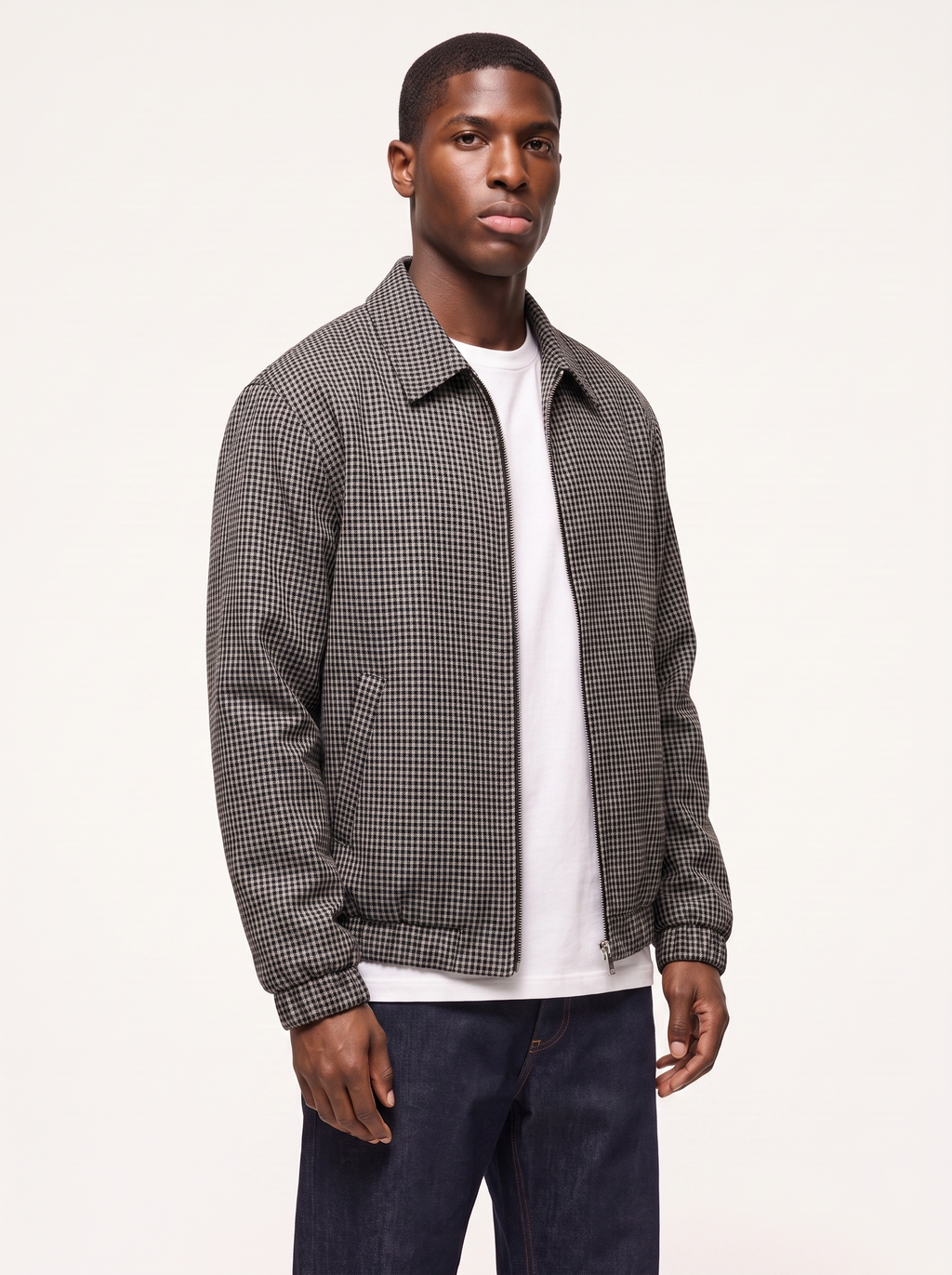 Micro plaid harrington jacket three quarter view showing fit