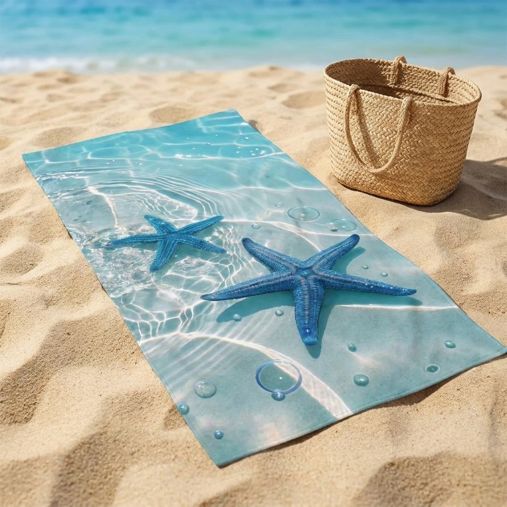 Printed quick-dry microfiber beach towel spread out on golden sand beside a woven basket