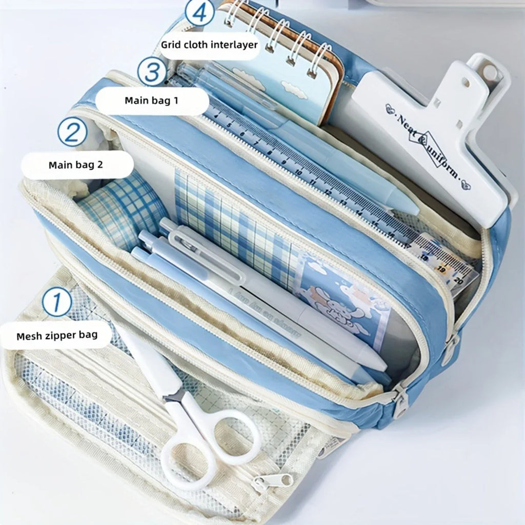 Multi-layer pencil case open, showing organiser layers
