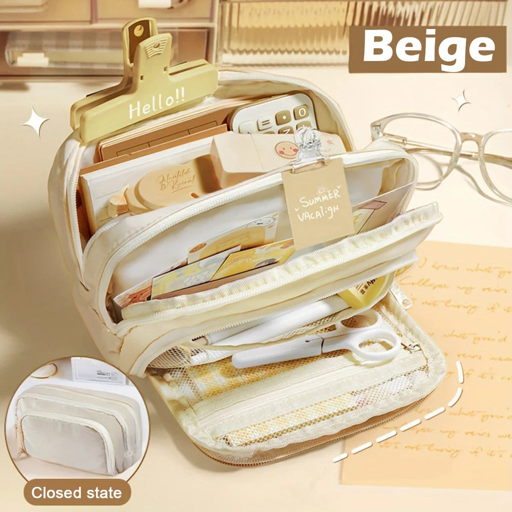 Multi-layer pencil case in beige