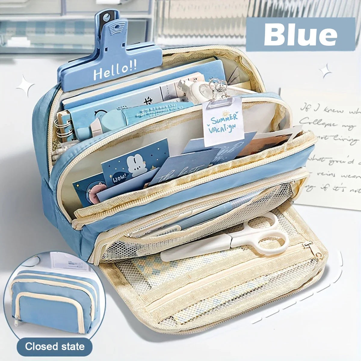 Multi-layer pencil case in blue