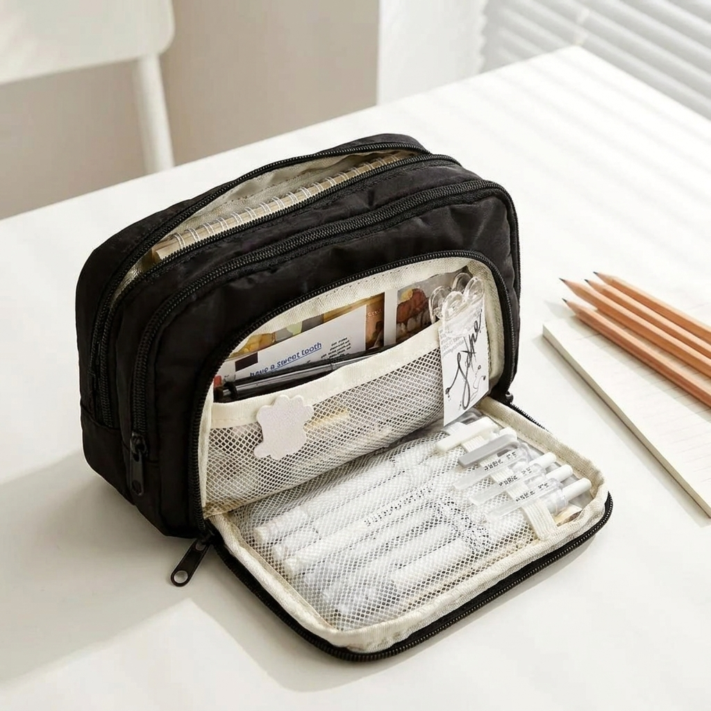 Multi-layer large capacity zip pencil case open on a tidy white desk beside pencils