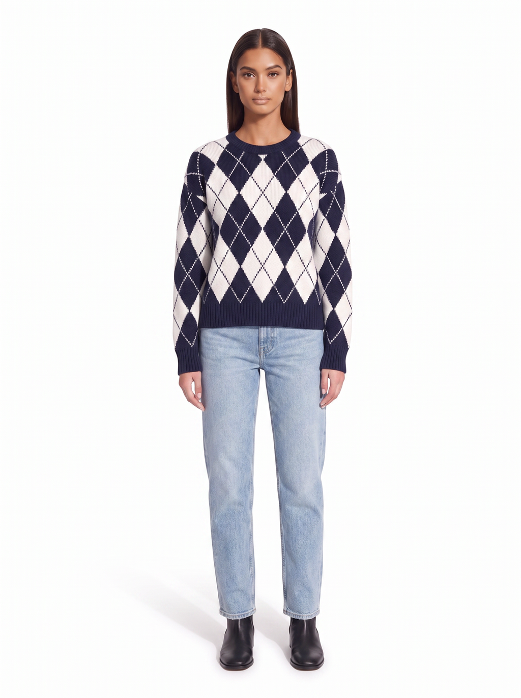 Navy argyle sweater on model, full body front view