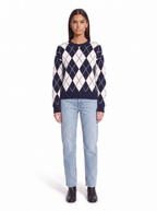 Navy argyle sweater on model, full body front view