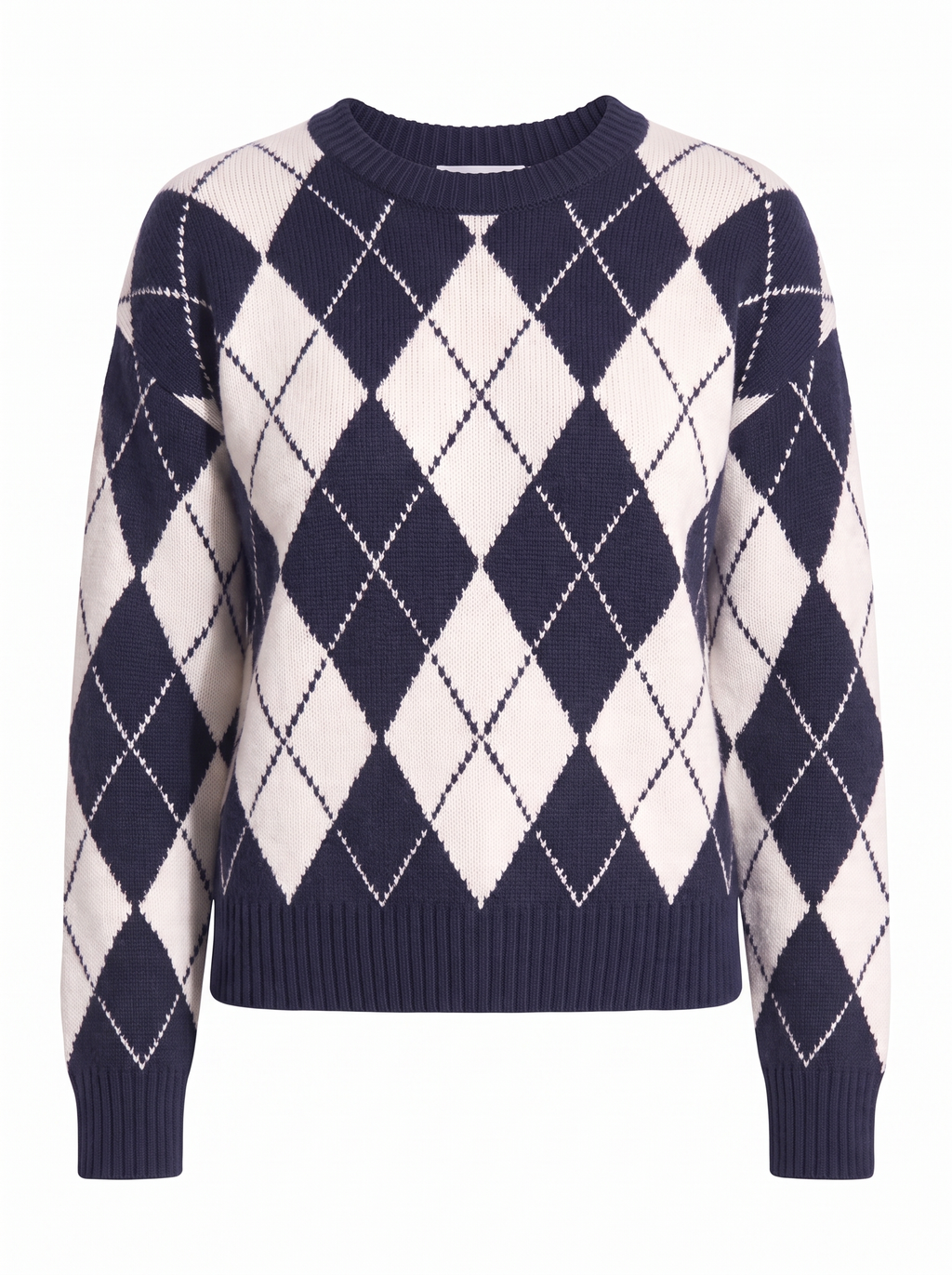 Navy argyle sweater product shot on white background