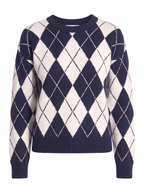 Navy argyle sweater product shot on white background