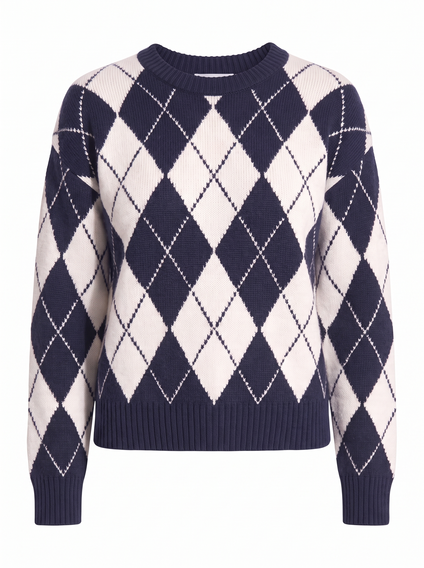 Navy argyle sweater product shot on white background