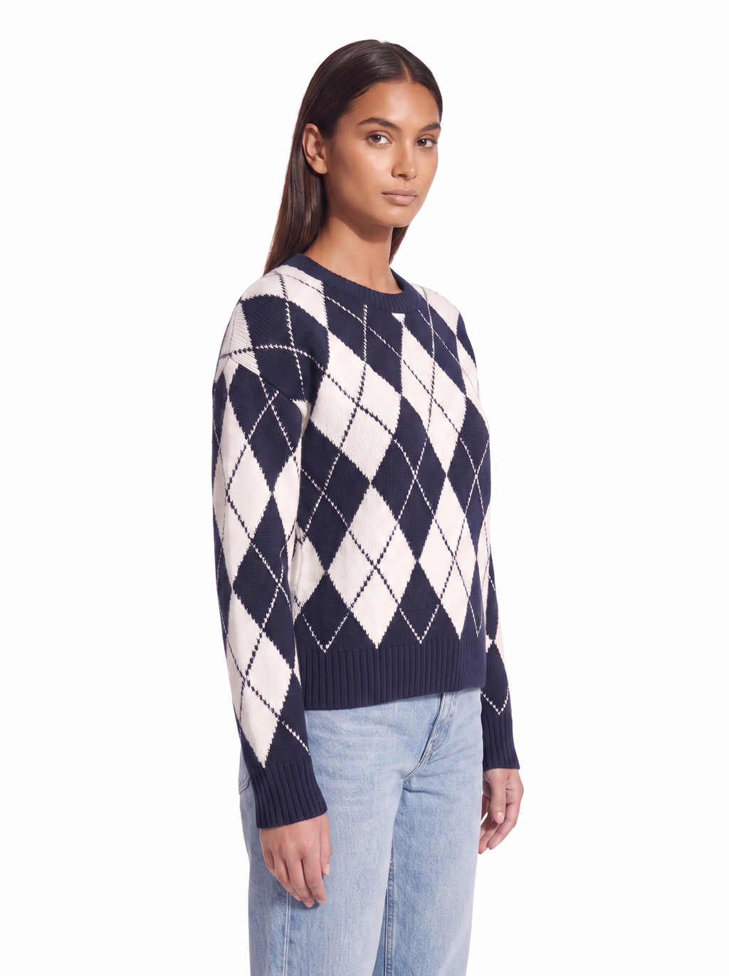 Navy argyle sweater, three quarter fit view