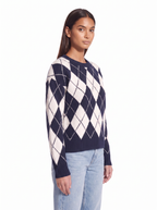 Navy argyle sweater, three quarter fit view