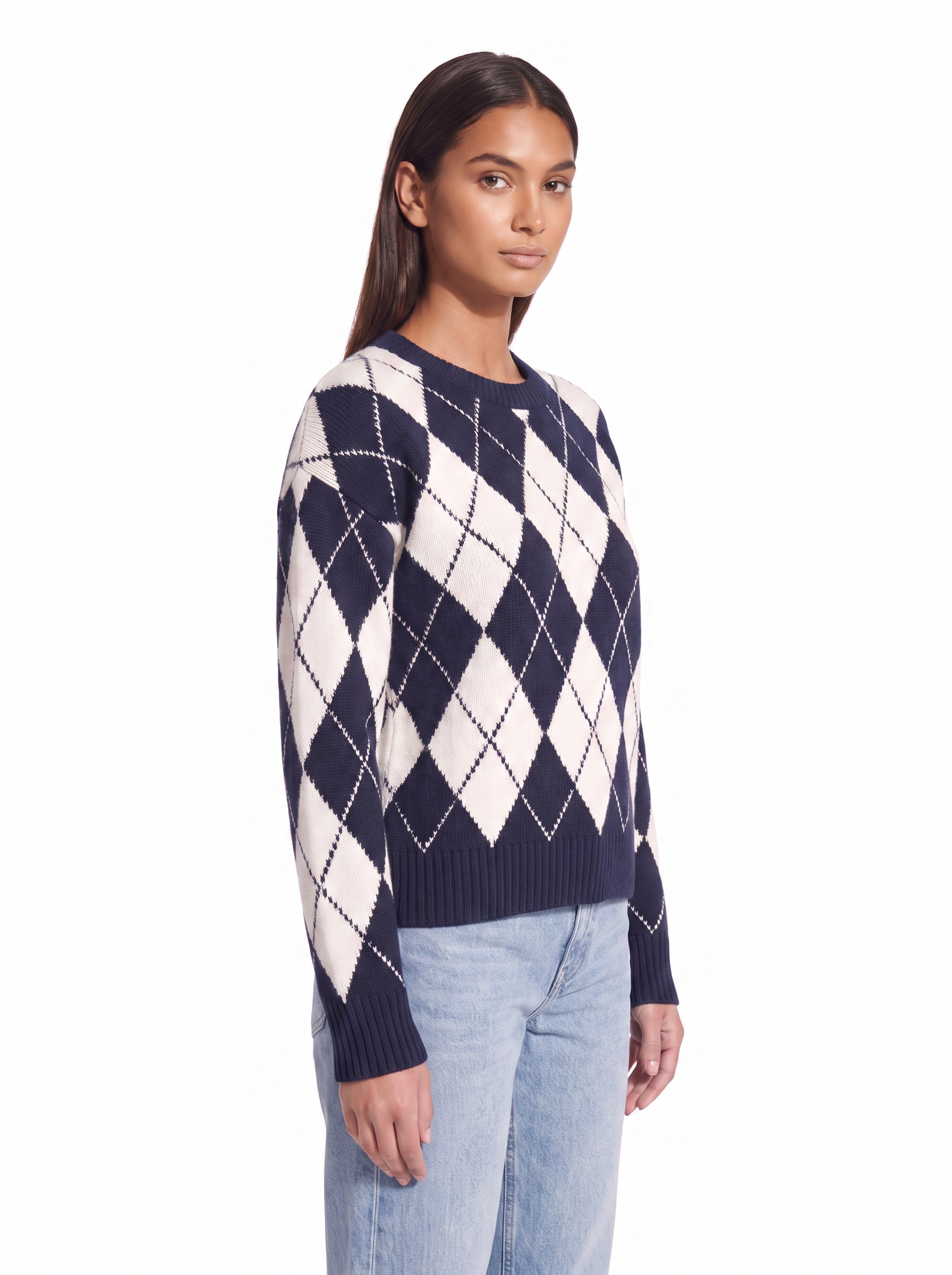 Navy argyle sweater, three quarter fit view