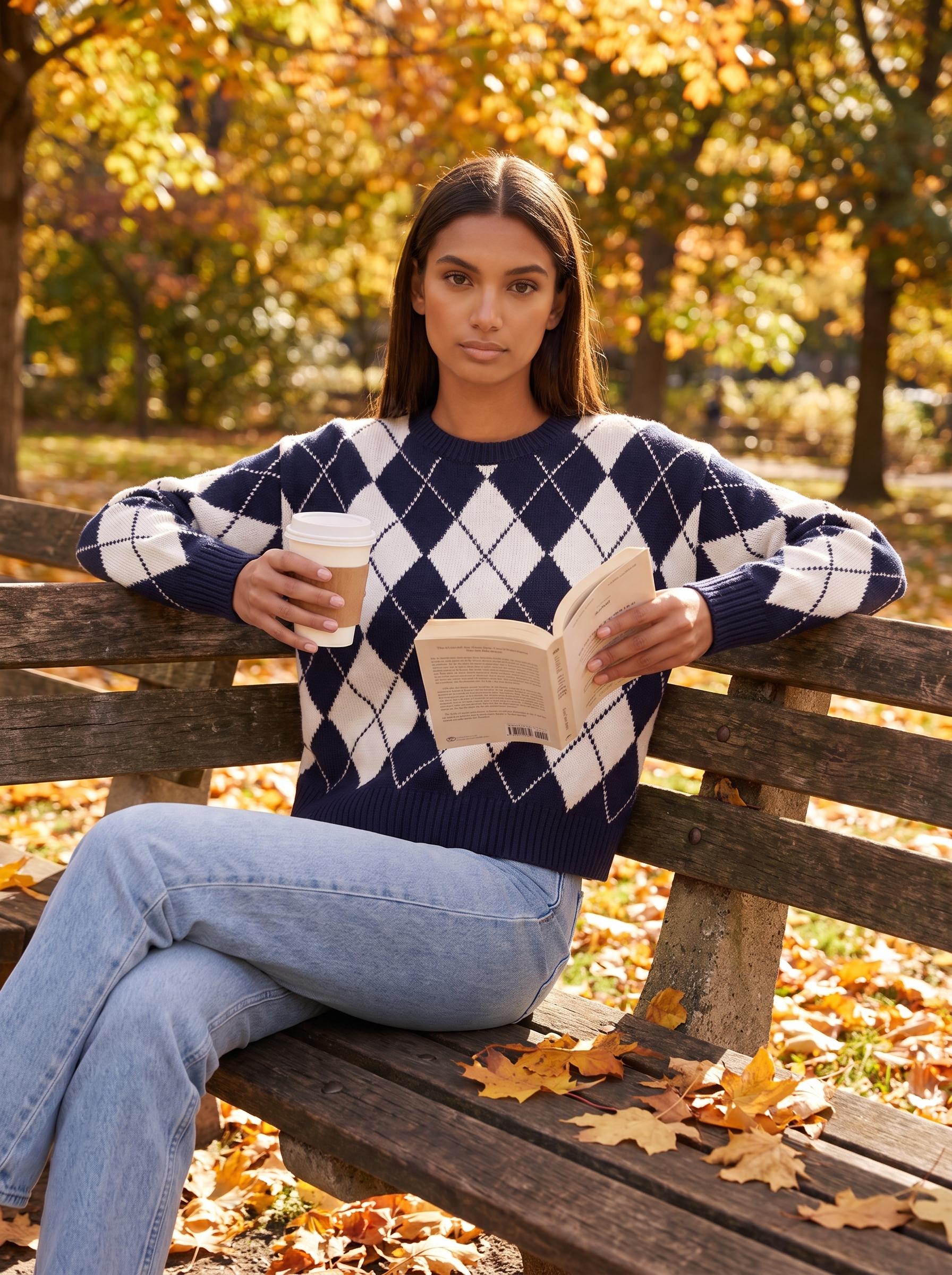 Navy argyle sweater worn outdoors, lifestyle view