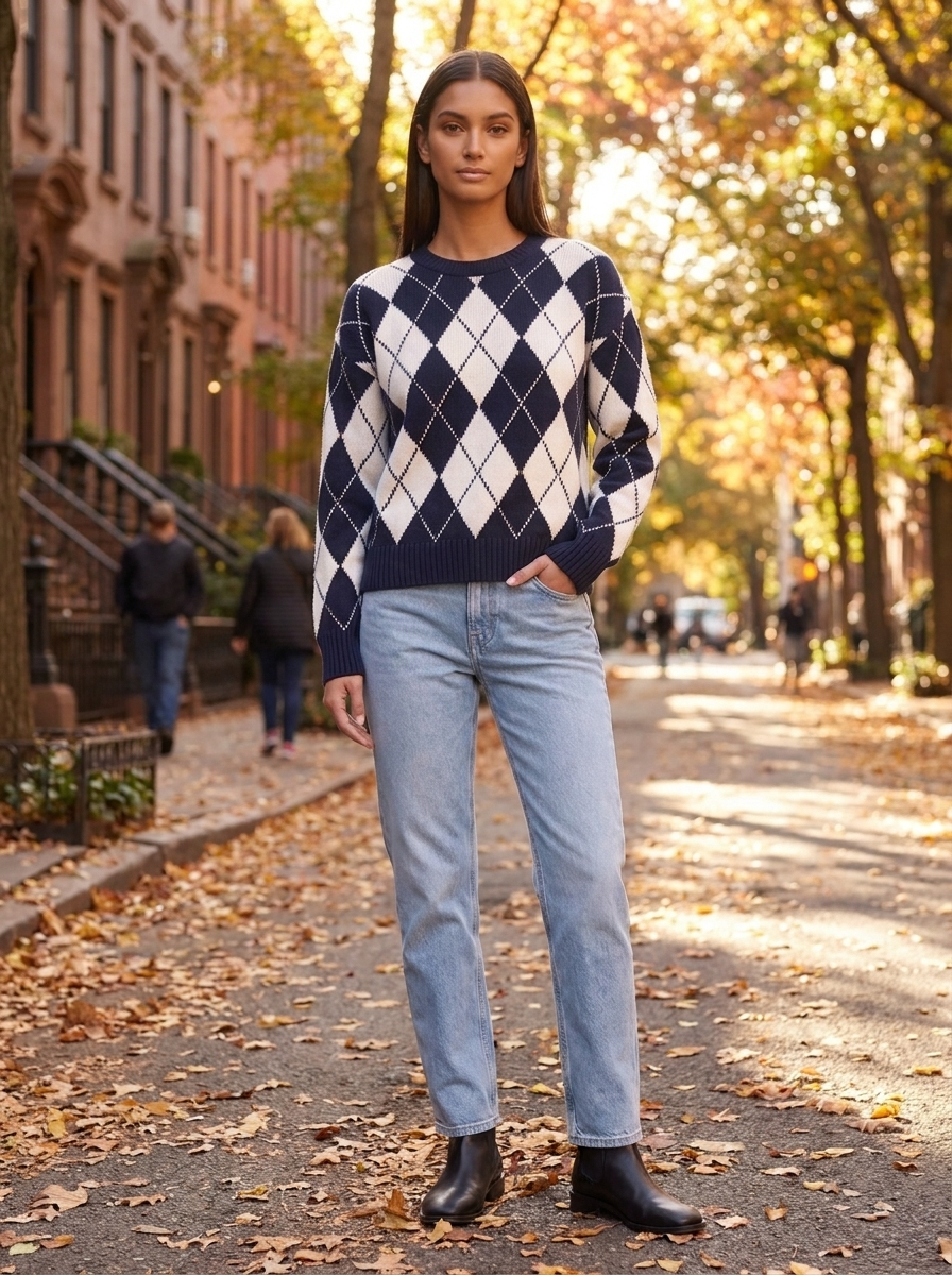 Woman wearing a navy and white argyle crew neck sweater with jeans on a tree-lined street
