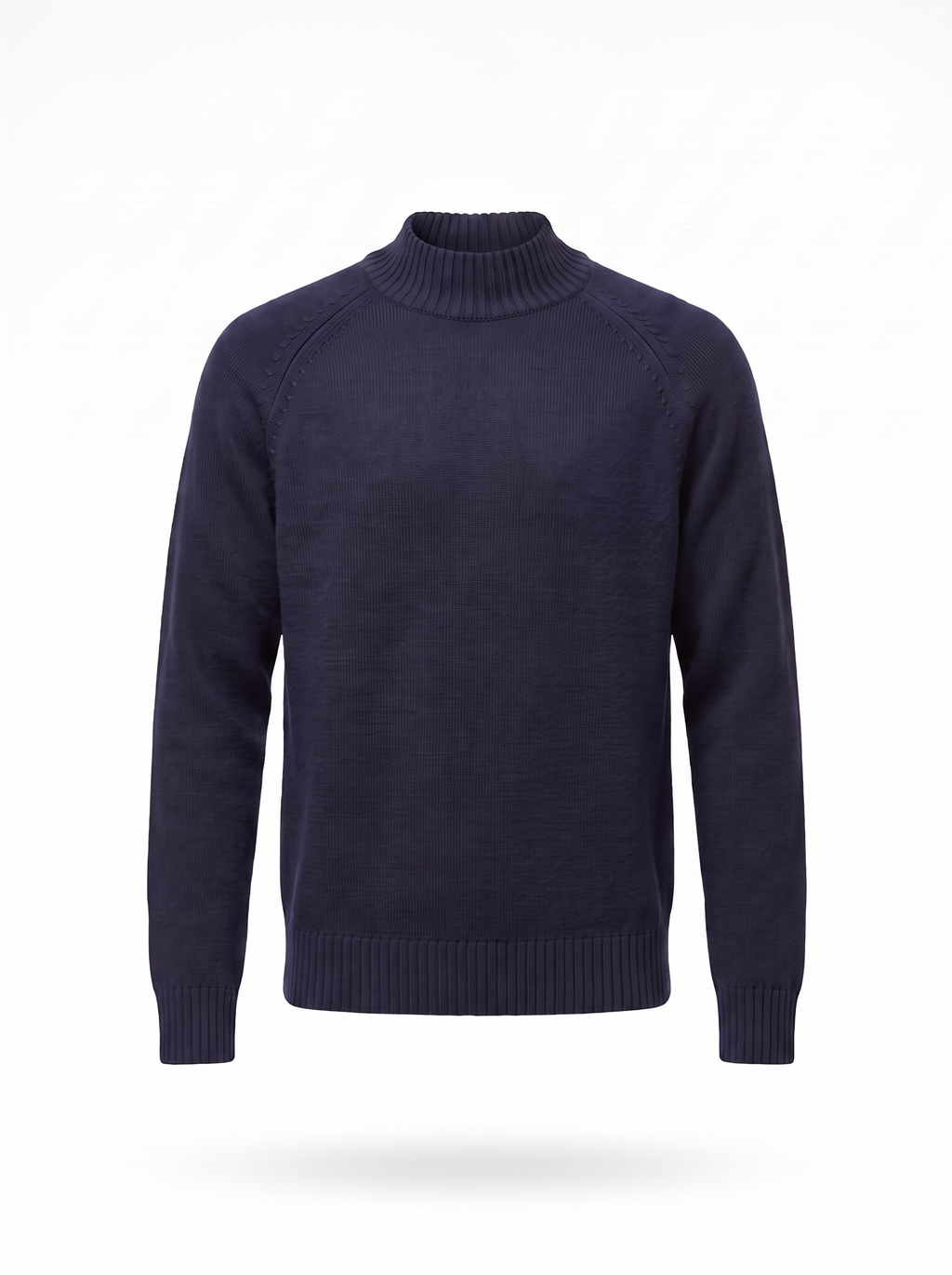 Navy mock neck sweater product shot on white background