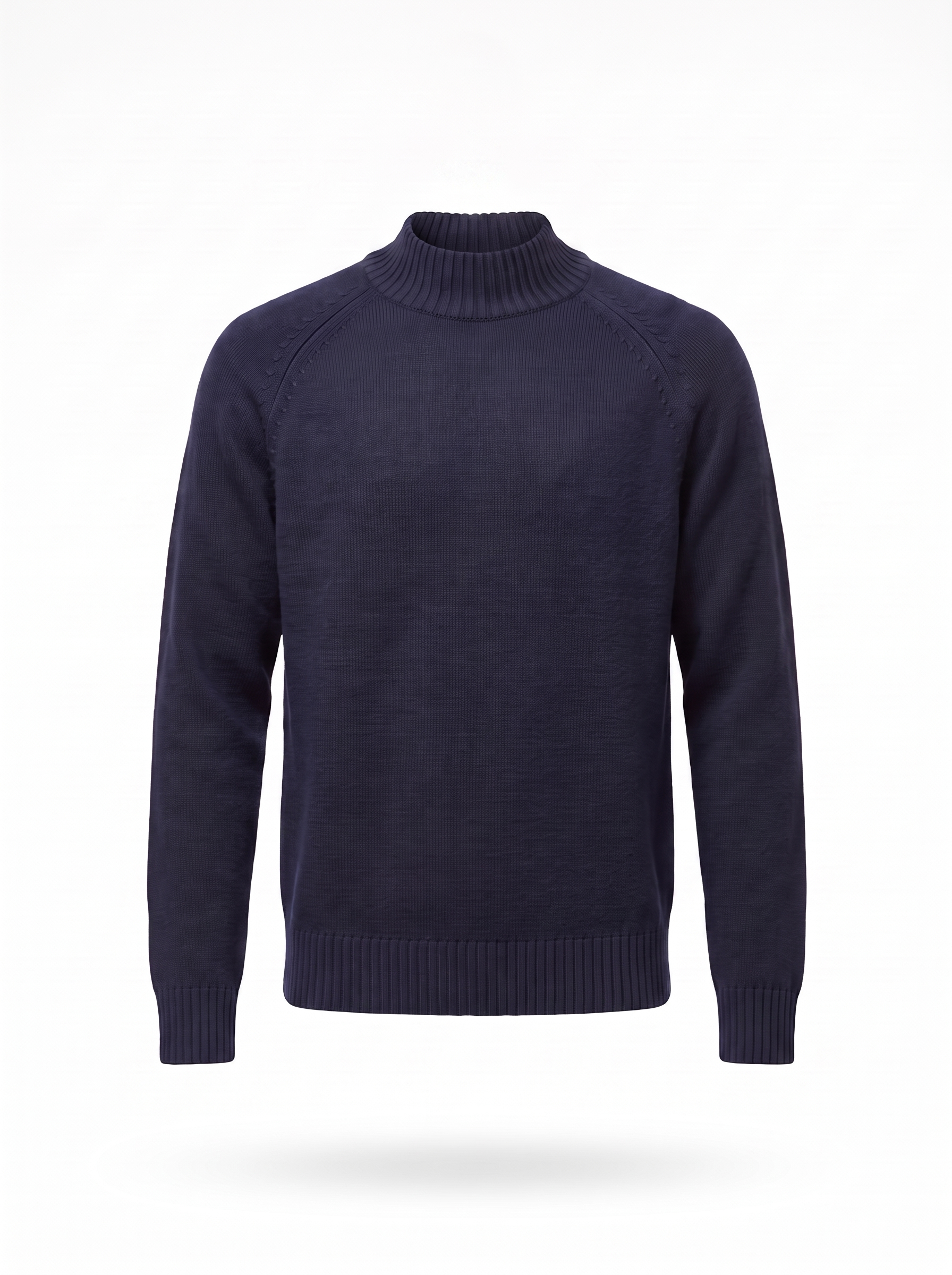 Navy mock neck sweater product shot on white background