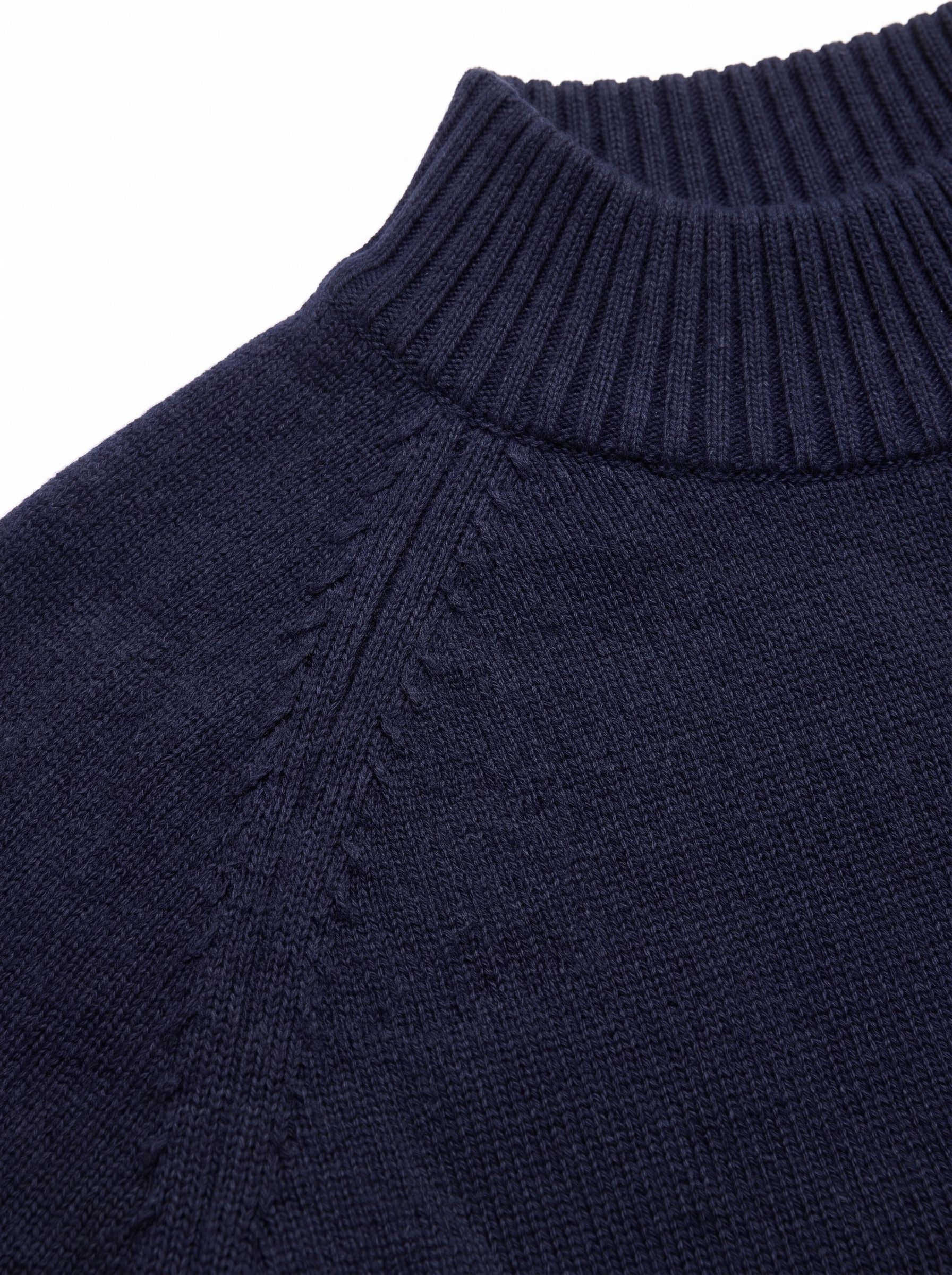 Navy mock neck sweater ribbed collar close up detail