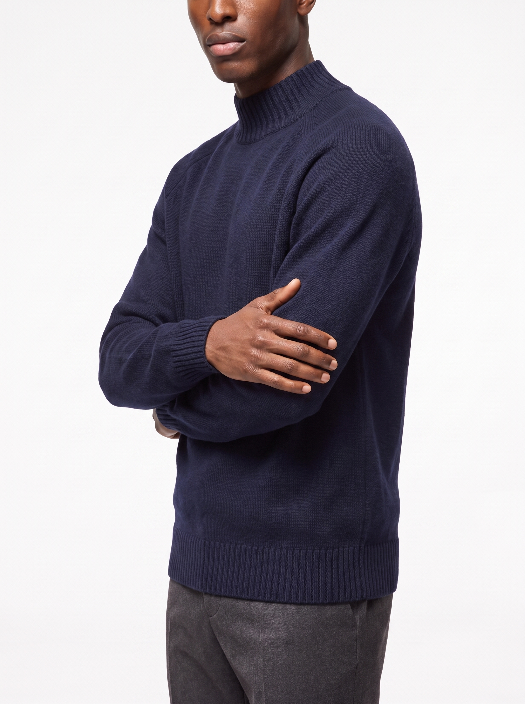Navy mock neck sweater regular fit, three quarter view