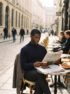 Man wearing navy mock neck sweater outdoors, lifestyle view