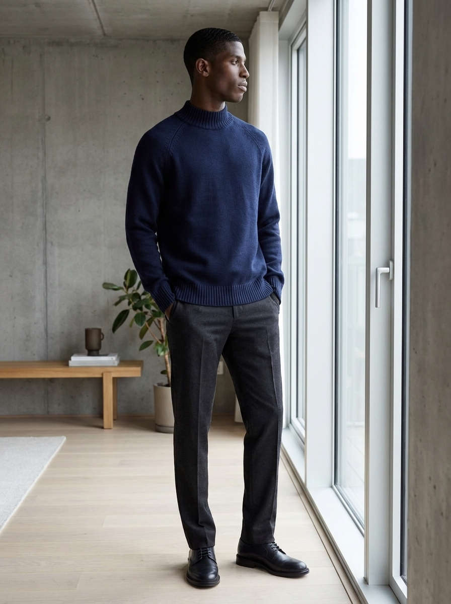 Man wearing a navy mock neck raglan sleeve knit sweater in a modern interior
