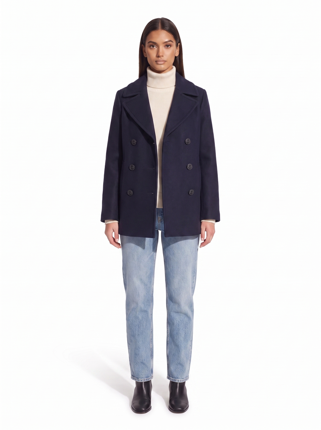 Navy pea coat on model, full body front view