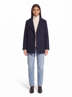 Navy pea coat on model, full body front view