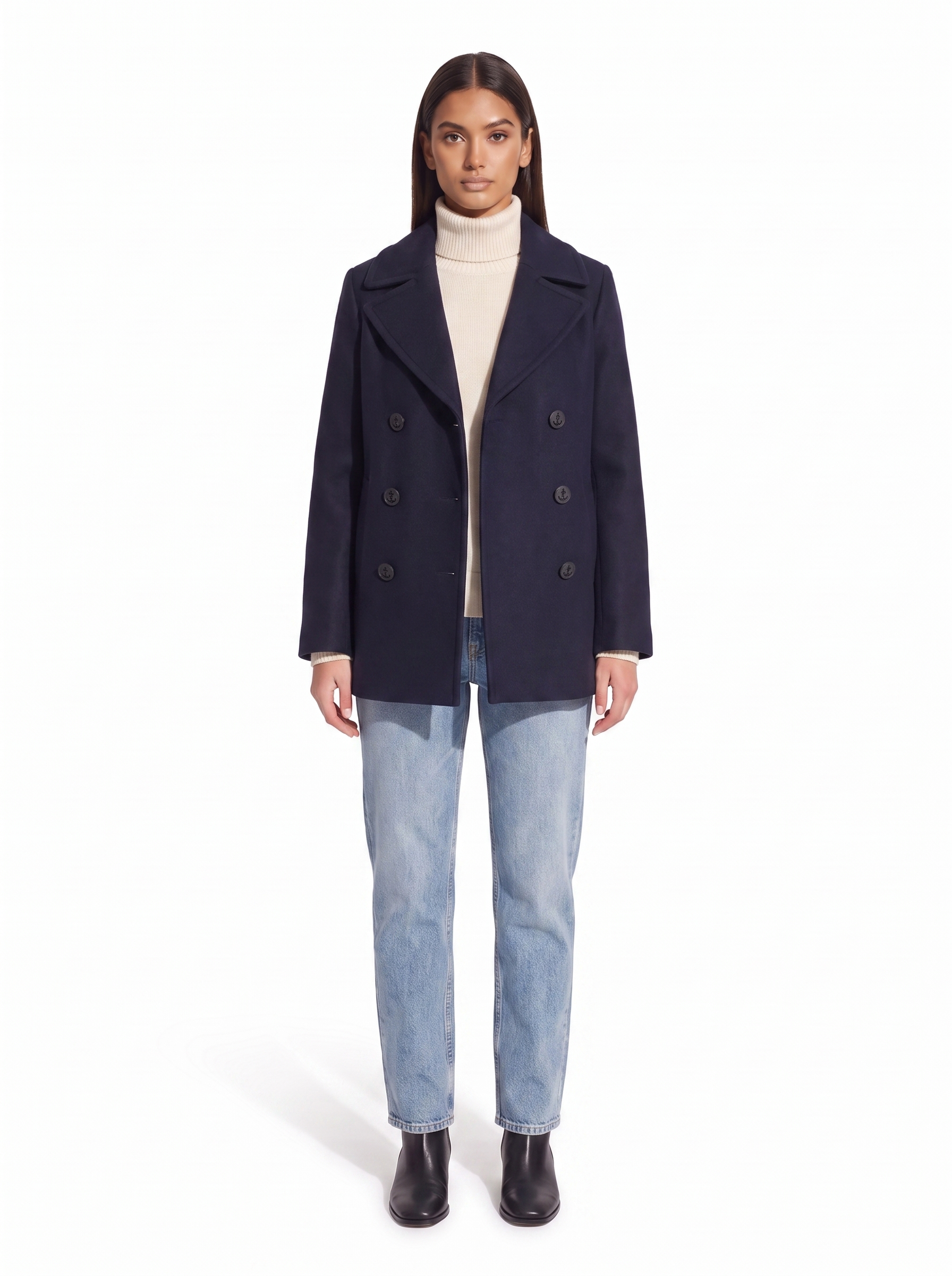 Navy pea coat on model, full body front view