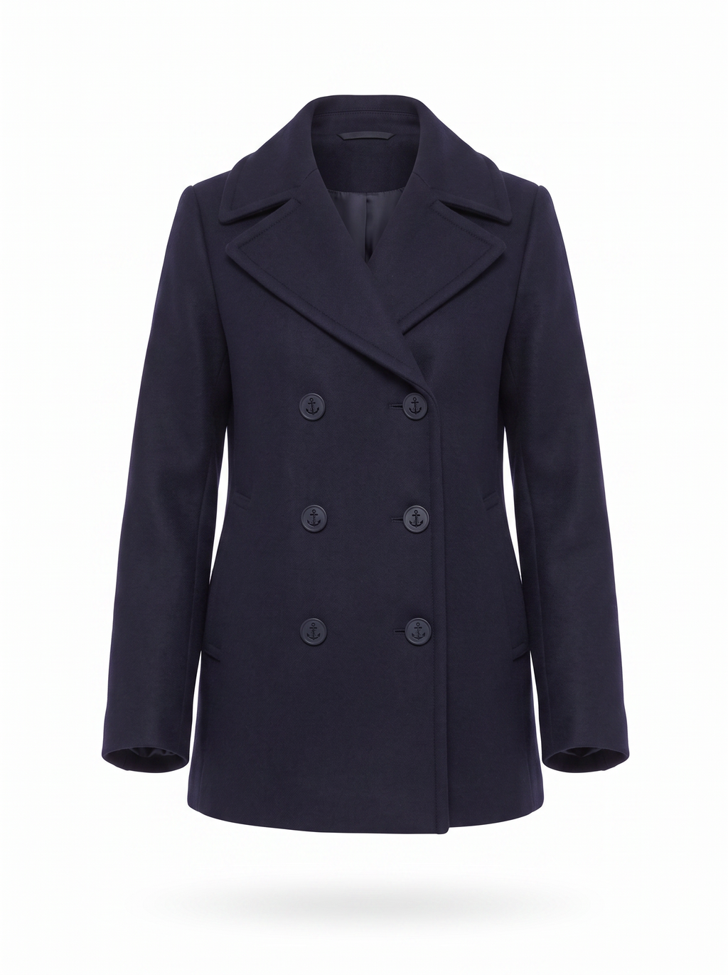 Navy pea coat product shot on white background