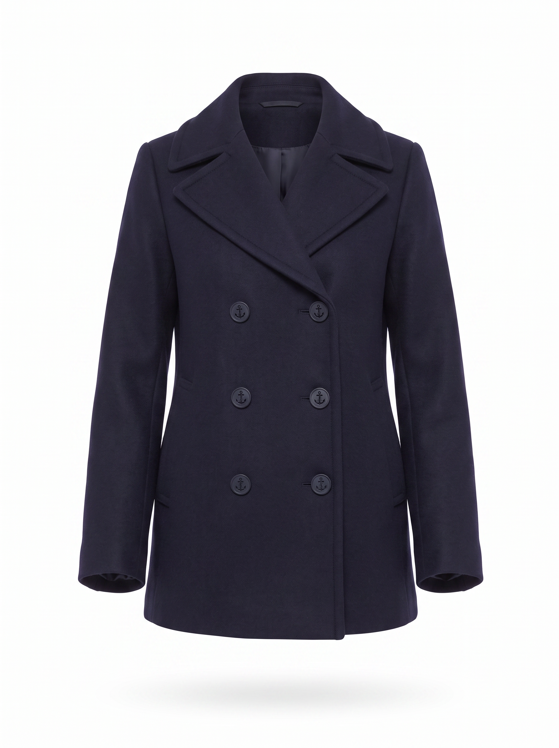 Navy pea coat product shot on white background