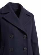 Wide lapel and anchor-style button detail, close up