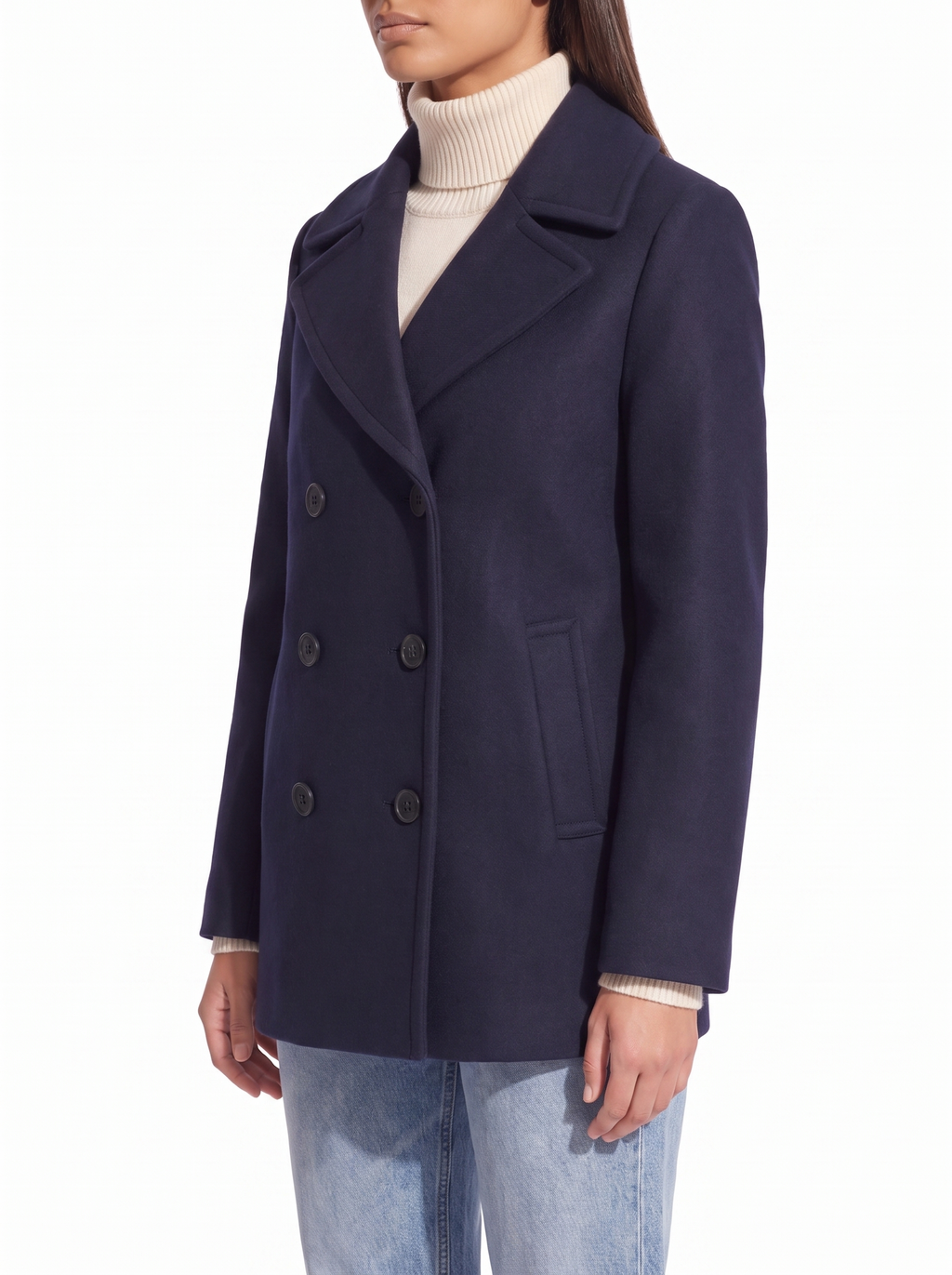 Navy pea coat, three quarter fit view