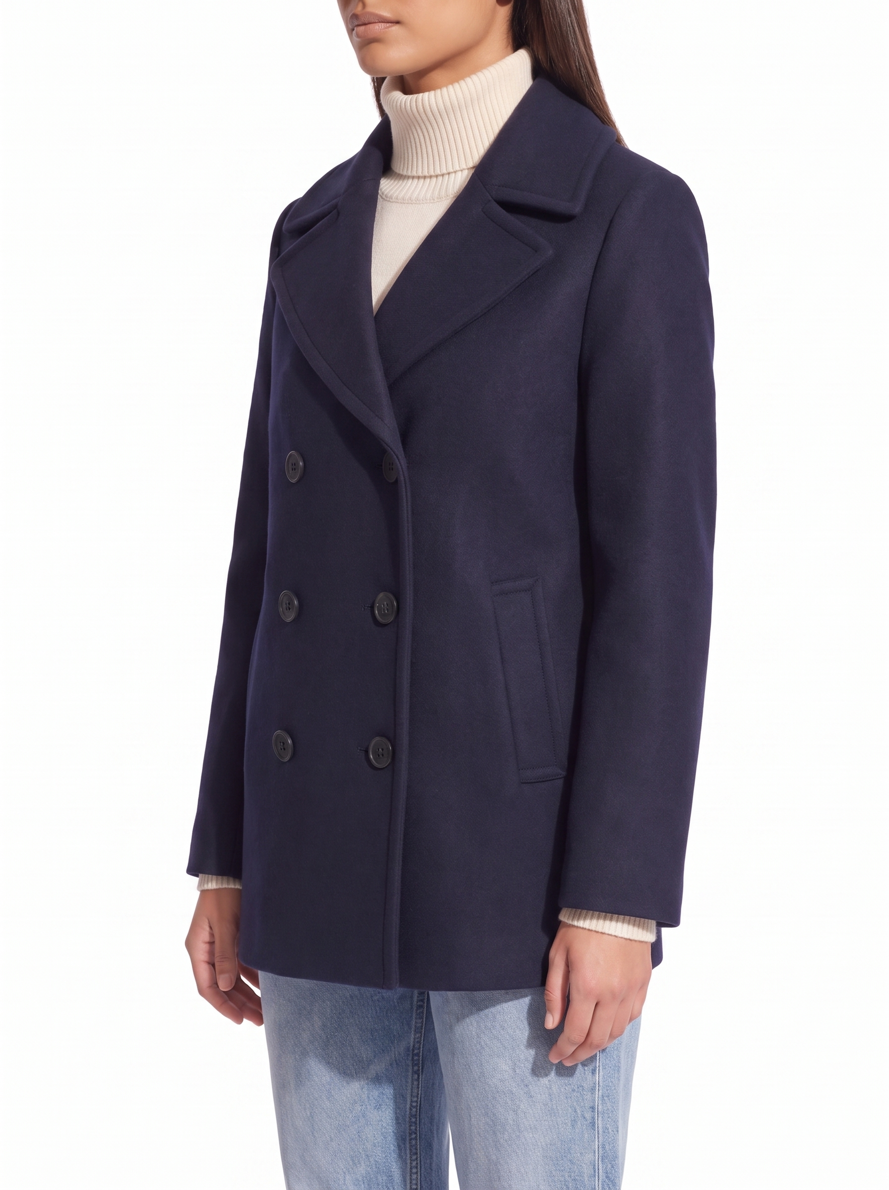 Navy pea coat, three quarter fit view