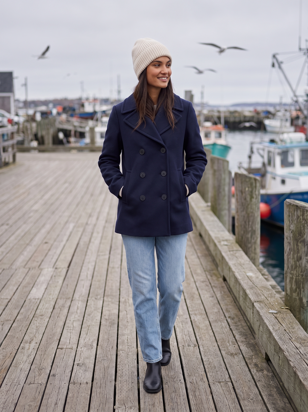 Navy pea coat worn outdoors, lifestyle view