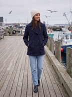 Navy pea coat worn outdoors, lifestyle view