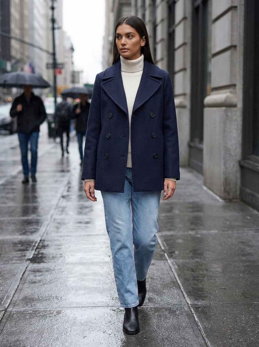 Woman wearing a navy double-breasted pea coat walking on a city sidewalk