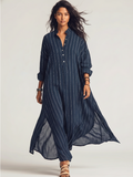 Navy striped button-up maxi shirtdress, front view