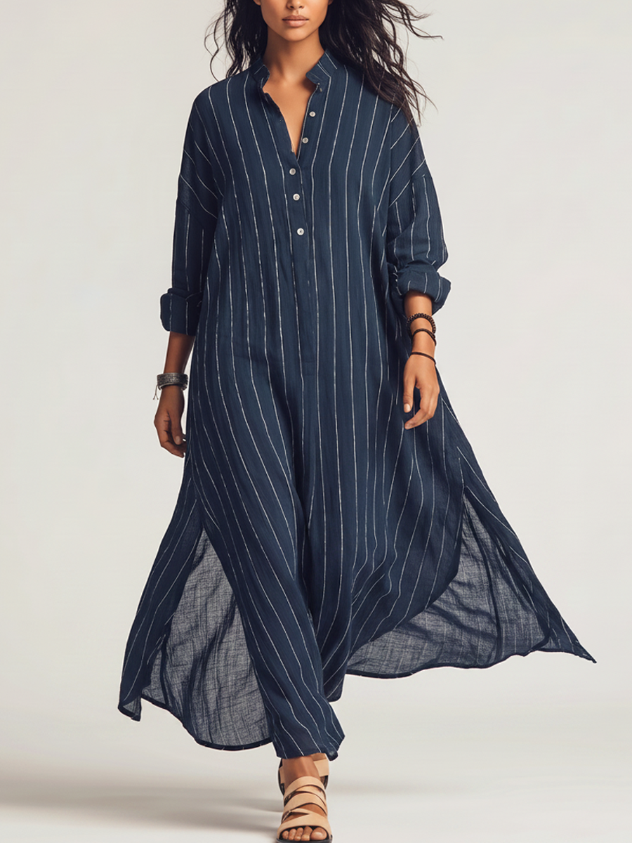 Navy striped maxi shirtdress, stand collar and button placket detail