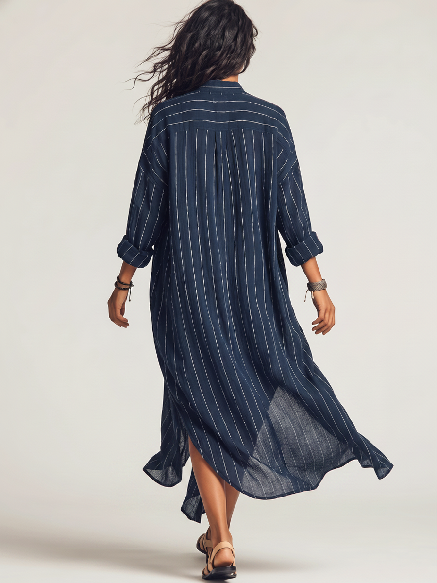 Navy striped maxi shirtdress, side view with slit