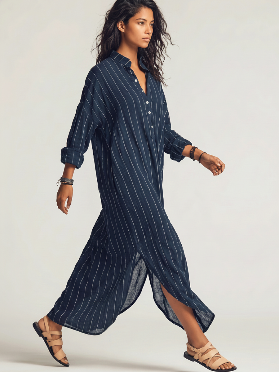 Navy striped maxi shirtdress, back view