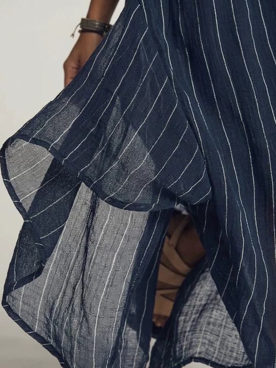 Navy striped maxi shirtdress, styled full length view