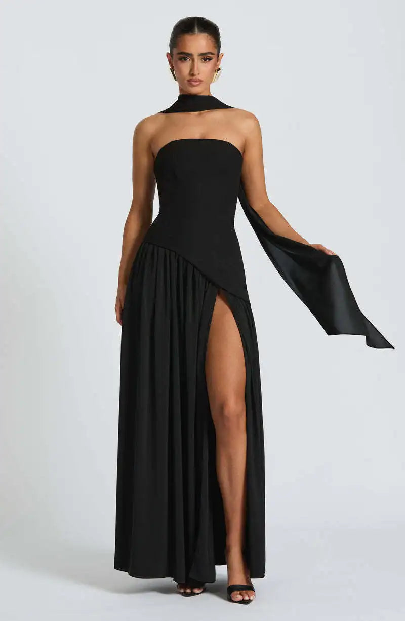 Off-shoulder high split evening gown in Black
