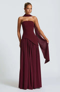 Off-shoulder high split evening gown in Burgundy