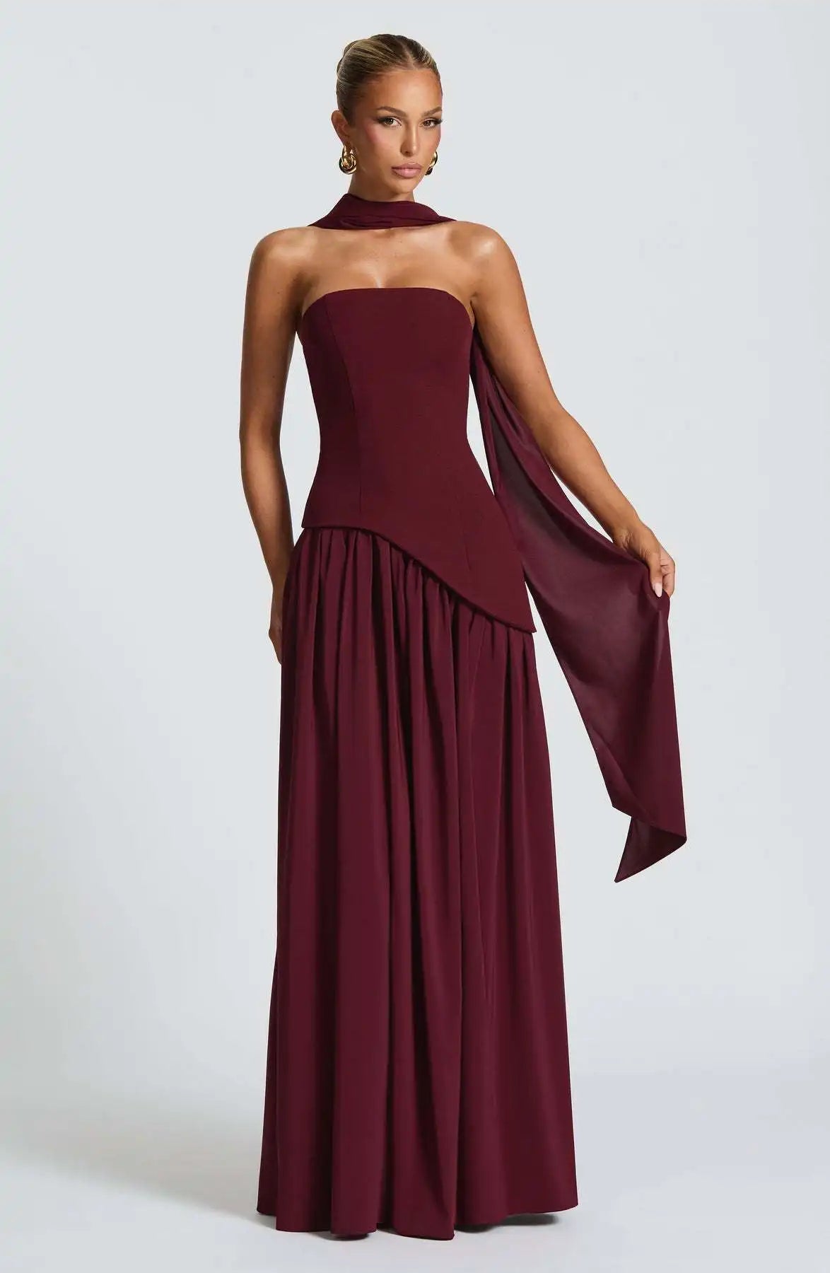 Off-shoulder high split evening gown in Burgundy