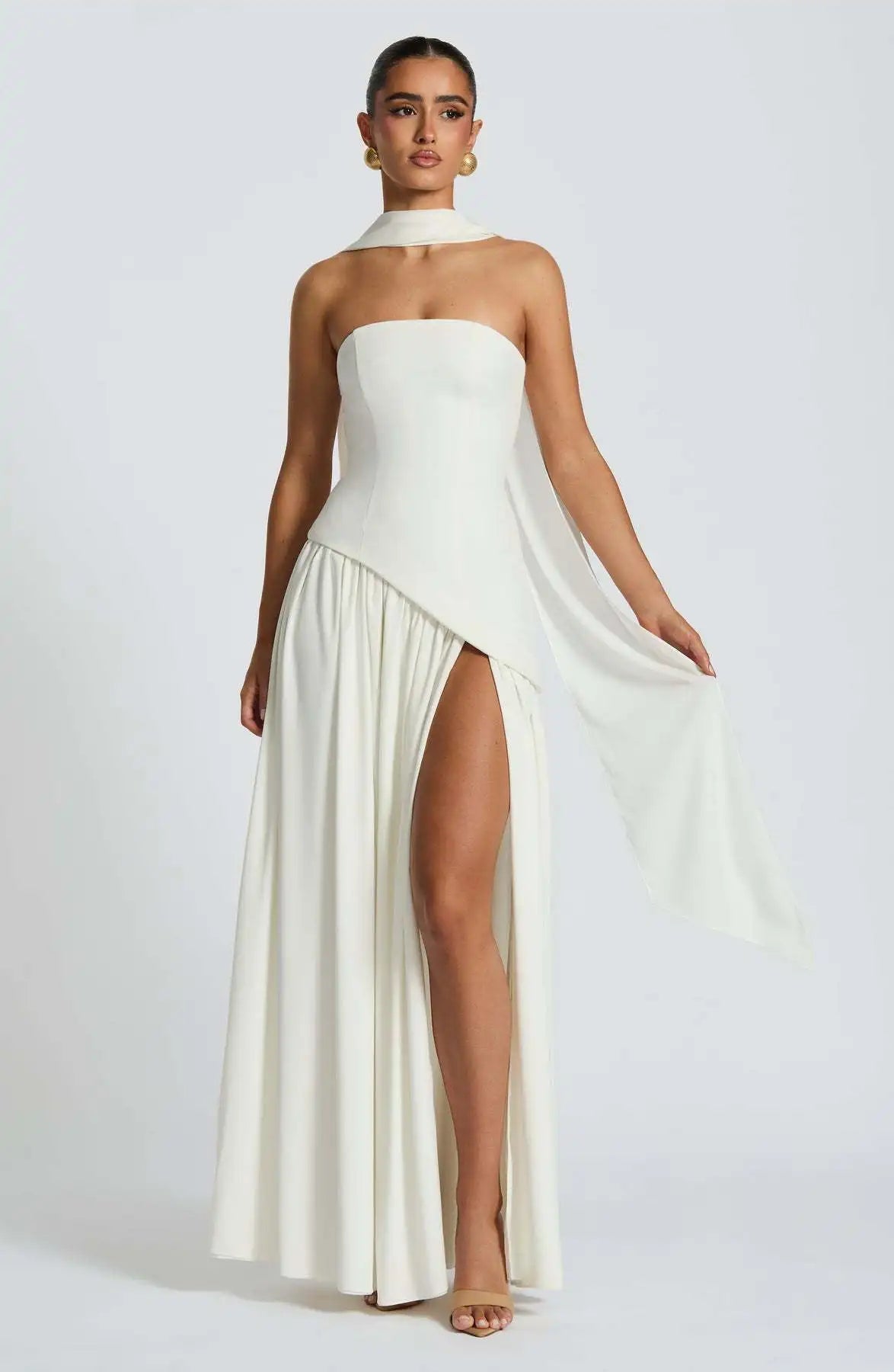Off-shoulder high split evening gown in White